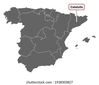 Map of Spain with place name sign of Cataluna