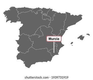 Mapa de España con nombre de lugar de Murcia