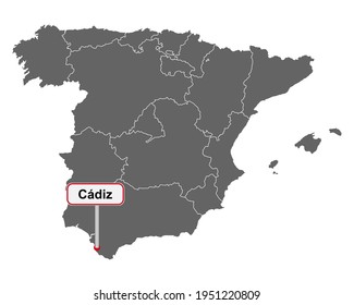 Map of Spain with place name sign of Cadiz