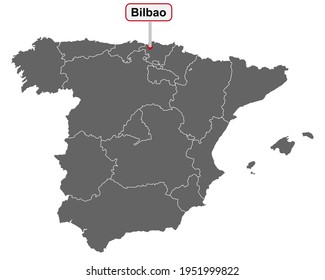 Map of Spain with place name sign of Bilbao