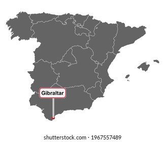 Map of Spain with place name sign of Gibraltar