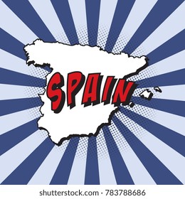 map of spain in pop art style with halftone dotted shadow, radial lines and name of country