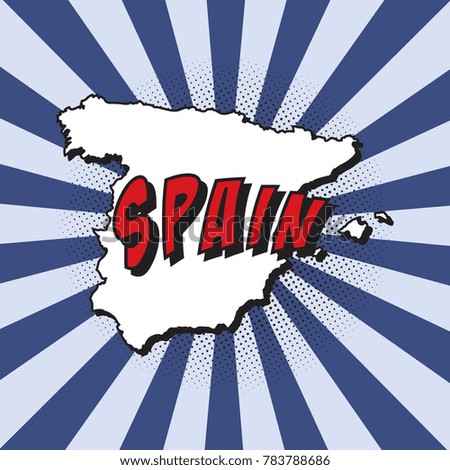 map of spain in pop art style with halftone dotted shadow, radial lines and name of country