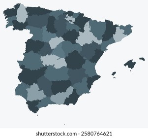 Map of Spain with regions. Just a simple country border map with region division. Blue grey color palette. Blank Spain shape with administrative division. Vector illustration.