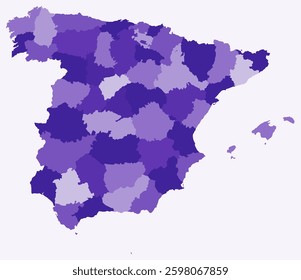 Map of Spain with regions. Just a simple country border map with region division. Deep purple color palette. Flat Spain shape with administrative division. Vector illustration.
