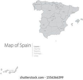 Map of Spain with regions and provinces made in layers.