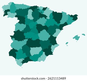 Map of Spain with regions. A simple country border map with regional division in a teal color palette. Flat Spain shape with administrative division. Vector illustration.