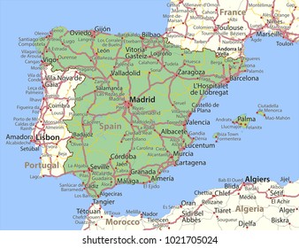 Mapa de España. Muestra las fronteras del país, las áreas urbanas, los nombres de lugares y las carreteras. Etiquetas en inglés siempre que sea posible.Proyección: Mercator esférico.