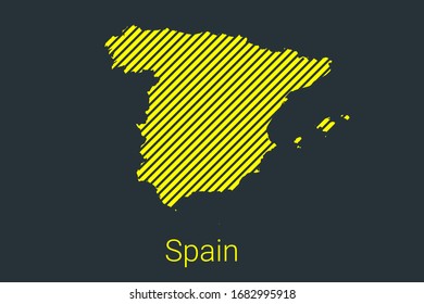 Map of Spain, striped map in a black strip on a yellow background for coronavirus infographics and quarantine area markers and restrictions. vector illustration