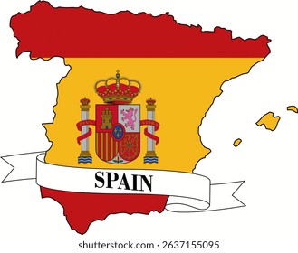 The map of Spain superimposed by the Spanish flag and with its name on a ribbon