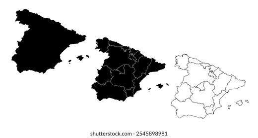 Mapa de España en tres estilos: negro sólido, divisiones regionales y contorno.