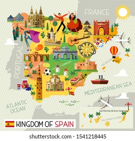 Map of Spain and Travel Icons.Spain Travel Map. Vector Illustration.