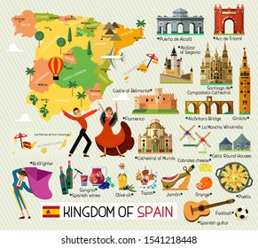 Map of Spain and Travel Icons.Spain Travel Map. Vector Illustration.