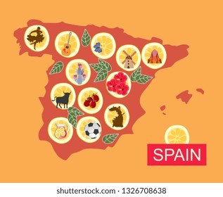 Map of Spain with various national symbols on pieces of lemon.