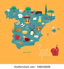 Map of Spain vector illustration, design. Icons with Spanish landmarks. Explore Spain concept image