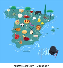 Map of Spain vector illustration, design element. Icons with Spanish flamenco, jamon, bullfighter, crown. Explore Spain concept image