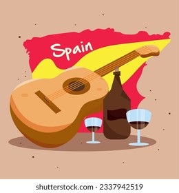 Mapa de España con copa de vino y una guitarra de madera plantilla de cultura de España Vector