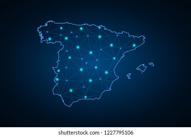 Map of Spain. Wire frame 3D mesh polygonal network line, design sphere, dot and structure. communications map of Spain. Vector Illustration EPS10.