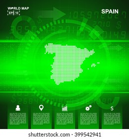Map Of Spain,Abstract Green background, pixel vector illustration