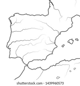 Map of The SPANISH Lands: 
Spain, Portugal, Iberia, Galicia, Catalonia, Valencia, Andalusia, León, Aragón & Castilla, Navarra, Asturias, Basque Pays, The Pyrénées. Geographic chart with coastline.