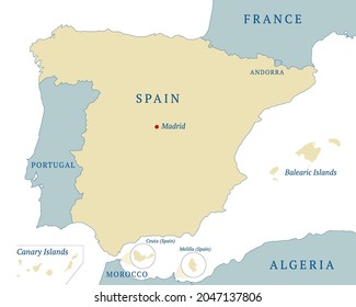 Mapa Estado Español con Islas Baleares, Islas Canarias, las dos ciudades autónomas, Ceuta y Melilla, fronteras nacionales y capital Madrid. Ilustración del vector aislada en fondo blanco