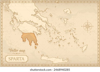 Map of Sparta in the old style, brown graphics in retro fantasy style.