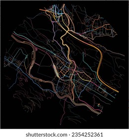 Map of SpittalanderDrau, Carinthia with all major and minor roads, railways and waterways. Colorful line art on black background.