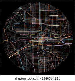 Map of Spokane, Washington with all major and minor roads, railways and waterways. Colorful line art on black background.