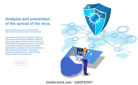 Karte der Ausbreitung oder Prävention des Virus und der Krankheit, Vektorillustration Illustration der Isometrie. Leuchtton. Der Arzt sitzt hinter der Statistik. Karte der Welt und verbreitete das Zeichen des Schutzes.