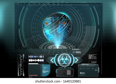 Map of the spread of the virus in the world, the coronavirus epidemic in China, a map of the spread and infection in the world. Warning frame. Abstract tech design Blue futuristic frame in HUD style