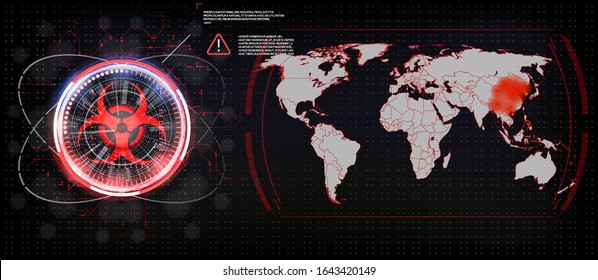 Mapa de la propagación del virus en el mundo, la epidemia de coronavirus en China, un mapa de la propagación e infección en el mundo.Signo de Biopeligro, en un fondo abstracto. 