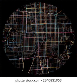 Map of Springfield, Illinois with all major and minor roads, railways and waterways. Colorful line art on black background.