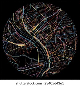 Mapa de Springfield, Massachusetts con todas las carreteras principales y menores, ferrocarriles y vías fluviales. Coloridas líneas de arte sobre fondo negro.