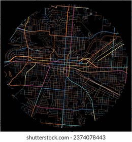 Map of Springfield, Ohio with all major and minor roads, railways and waterways. Colorful line art on black background.