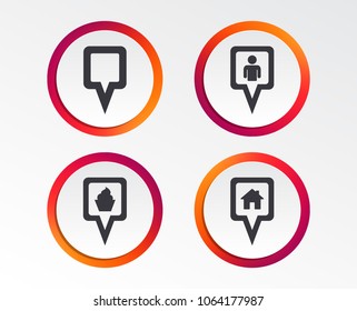 Map square pointer icons. Home, food and user location symbols. Restaurant and cupcake signs. You are here. Infographic design buttons. Circle templates. Vector