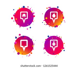Map square pointer icons. Home, food and user location symbols. Restaurant and cupcake signs. You are here. Gradient circle buttons with icons. Random dots design. Vector