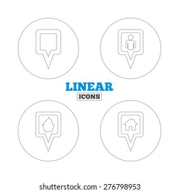 Map square pointer icons. Home, food and user location symbols. Restaurant and cupcake signs. You are here. Linear outline web icons. Vector
