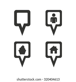 Map square pointer icons. Home, food and user location symbols. Restaurant and cupcake signs. You are here. Flat icons on white. Vector