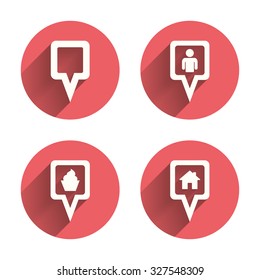Map square pointer icons. Home, food and user location symbols. Restaurant and cupcake signs. You are here. Pink circles flat buttons with shadow. Vector
