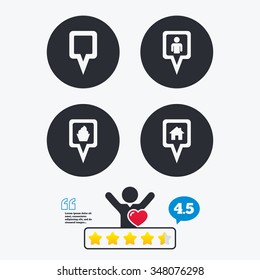 Map square pointer icons. Home, food and user location symbols. Restaurant and cupcake signs. You are here. Star vote ranking. Client like and think bubble. Quotes with message.