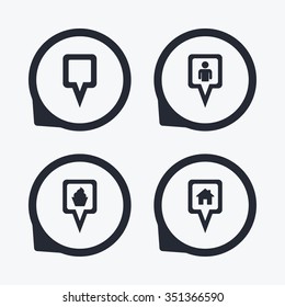 Map square pointer icons. Home, food and user location symbols. Restaurant and cupcake signs. You are here. Flat icon pointers.