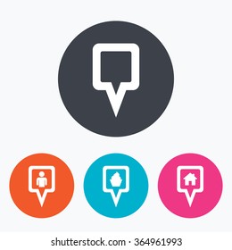 Map square pointer icons. Home, food and user location symbols. Restaurant and cupcake signs. You are here. Circle flat buttons with icon.