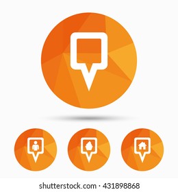 Map square pointer icons. Home, food and user location symbols. Restaurant and cupcake signs. You are here. Triangular low poly buttons with shadow. Vector