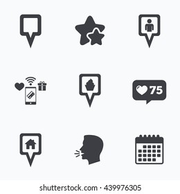 Map square pointer icons. Home, food and user location symbols. Restaurant and cupcake signs. You are here. Flat talking head, calendar icons. Stars, like counter icons. Vector
