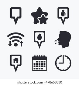 Map square pointer icons. Home, food and user location symbols. Restaurant and cupcake signs. You are here. Wifi internet, favorite stars, calendar and clock. Talking head. Vector