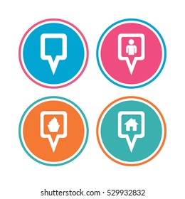Map square pointer icons. Home, food and user location symbols. Restaurant and cupcake signs. You are here. Colored circle buttons. Vector