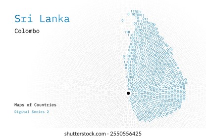 Eine Karte von Sri Lanka, die in Nullen und Einsen in Form eines Kreises dargestellt ist. Die Hauptstadt Colombo befindet sich in der Mitte des Kreises	