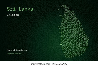 Um mapa do Sri Lanka retratado em zeros e uns em forma de círculo. A capital, Colombo, é mostrada no centro do círculo	