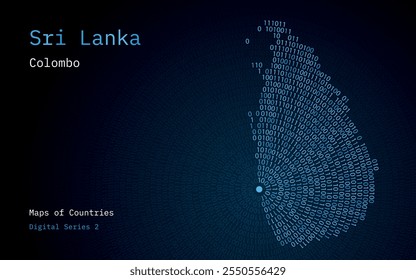 Um mapa do Sri Lanka retratado em zeros e uns em forma de círculo. A capital, Colombo, é mostrada no centro do círculo	