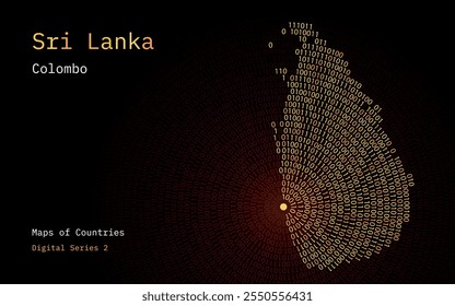 Um mapa do Sri Lanka retratado em zeros e uns em forma de círculo. A capital, Colombo, é mostrada no centro do círculo	